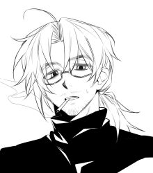 Rule 34 | 1boy, ahoge, facial hair, glasses, gregor (project moon), greyscale, limbus company, limc gil41, long hair, looking at viewer, low ponytail, male focus, monochrome, open mouth, portrait, project moon, simple background, solo, stubble, sweat