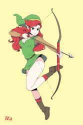 Rule 34 | 1girl, absurdres, arrow (projectile), bad id, bad twitter id, boots, bottomless, bow (weapon), breasts, clothes lift, genderswap, genderswap (mtf), hat, highres, link, link (shounen captain), long hair, looking at viewer, miniskirt, nintendo, pointy ears, r3dfive, red hair, simple background, skirt, solo, the legend of zelda, the legend of zelda (nes), thighs, tunic, weapon