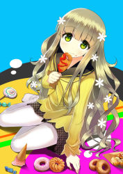 Rule 34 | 1girl, :t, blonde hair, blue background, candy, chewing, corn dog, doughnut, eating, food, food on face, furai, green eyes, highres, houndstooth, ice cream, ice cream cone, lollipop, looking at viewer, no shoes, pantyhose, persona, persona q: shadow of the labyrinth, persona q (series), pleated skirt, rei (persona q), school uniform, simple background, sitting, skirt, smile, solo, sprinkles, swirl lollipop, takoyaki, unmoving pattern, white pantyhose, yokozuwari