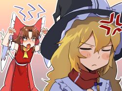 Rule 34 | &lt;|&gt; &lt;|&gt;, 2girls, anger vein, ascot, benikurage (cookie), black hat, blonde hair, blue bow, blush, bow, braid, brown hair, claw pose, closed mouth, commentary request, cookie (touhou), detached sleeves, dress, fangs, frilled bow, frilled hair tubes, frills, frown, gradient background, hair between eyes, hair bow, hair tubes, hakurei reimu, hat, hat bow, kirisame marisa, long bangs, long hair, looking at another, mars (cookie), medium hair, multiple girls, open mouth, parted bangs, pink background, pura (aiueo256375), red bow, red dress, red scarf, ribbon-trimmed sleeves, ribbon trim, scarf, single braid, sleeveless, sleeveless dress, touhou, upper body, v-shaped eyebrows, white bow, white sleeves, wide sleeves, witch hat, yellow ascot