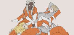 Rule 34 | 1boy, 3girls, androgynous, arm pillow, blonde hair, cithis, closed mouth, commentary, crossed legs, dark-skinned female, dark skin, dungeon meshi, elf, english commentary, facepaint, facial mark, fleki, forehead mark, grey eyes, grey hair, grey jacket, highres, hood, hooded jacket, hup cheop, id card, jacket, lap pillow, layered sleeves, long sleeves, looking at another, looking at viewer, lycion, lying, multiple girls, notched ear, on back, on side, orange pants, orange shirt, otta (dungeon meshi), pants, parted bangs, pointy ears, prison clothes, shirt, short hair, short over long sleeves, short sleeves, simple background, sitting, sleeves past wrists, smile, socks, v-neck, very short hair, white socks, yellow eyes