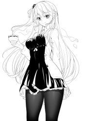 Rule 34 | 1girl, blush, braid, breasts, closed mouth, cup, dress, emily stock, greyscale, hair between eyes, holding, holding cup, jacket, long hair, long sleeves, medium breasts, monochrome, one side up, open clothes, open jacket, original, pantyhose, ririko (zhuoyandesailaer), simple background, smile, solo, star (symbol), teacup, very long hair, white background