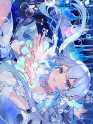 Rule 34 | 1girl, absurdres, air bubble, blue eyes, blue hair, blush, box, bubble, collarbone, cona kinaco, frilled sleeves, frills, hair ornament, highres, long hair, looking at viewer, open hands, original, solo