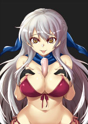 Rule 34 | 1girl, bikini, black background, black gloves, breasts, cleavage, fire emblem, fire emblem: path of radiance, fire emblem: radiant dawn, gloves, groin, hair between eyes, hair ribbon, hands on own chest, highres, kaorihero, large breasts, long hair, looking at viewer, micaiah (fire emblem), navel, nintendo, red bikini, ribbon, scarf, side-tie bikini bottom, silver hair, simple background, solo, suggestive fluid, swimsuit, tongue, tongue out, tupet, yellow eyes