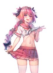 Rule 34 | 1boy, astolfo (fate), astolfo (sailor paladin) (fate), blush, bow (bhp), braid, clothes lift, crossdressing, fang, fate/apocrypha, fate/grand order, fate (series), hair ribbon, long hair, looking at viewer, male focus, midriff, navel, nipples, official alternate costume, open mouth, pink hair, pink skirt, pleated skirt, purple eyes, ribbon, sailor collar, school uniform, serafuku, shirt lift, simple background, single braid, skirt, smile, solo, standing, thighhighs, trap, v, white background, white thighhighs