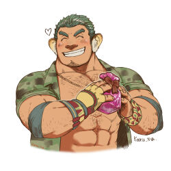 Rule 34 | 1boy, abs, bara, bare pectorals, camouflage, camouflage shirt, chinstrap beard, chocolate, cropped torso, facial hair, food, goatee stubble, grin, hairy, happy, heart, holding, holding chocolate, holding food, kaku (kakuillustrate), large pectorals, male focus, mature male, muscular, muscular male, open clothes, open shirt, panther boy, panther ears, pectorals, shirt, short hair, sideburns, smile, solo, sparse arm hair, sparse chest hair, stomach, stubble, thick eyebrows, tokyo houkago summoners, v-shaped eyebrows, valentine, wood wrestler (housamo)
