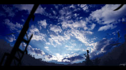 Rule 34 | amatsuki rei, artist name, bird, blue sky, blue theme, cloud, cloudy sky, day, fantasy, highres, horizon, letterboxed, no humans, original, outdoors, scenery, signature, silhouette, sky, tree