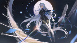 Rule 34 | 1girl, arm guards, black bodysuit, bodysuit, boots, breasts, guihuo inferno, highres, holding, holding sword, holding weapon, large breasts, long hair, looking at viewer, moon, original, science fiction, skin tight, solar panel, space, sword, thigh boots, very long hair, weapon, white hair, yellow eyes
