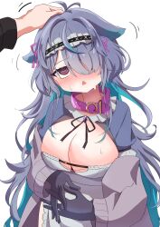 Rule 34 | 1girl, @ @, animal collar, antenna hair, apron, aqua hair, black gloves, black hairband, breasts, cleavage, collar, colored inner hair, fang, frilled apron, frilled hairband, frills, gloves, grey hair, grey sweater, hair over one eye, hair ribbon, hairband, headpat, highres, indie virtual youtuber, large breasts, long hair, menace mamaki, mole, mole on breast, motion lines, multicolored hair, open mouth, pink collar, pink ribbon, potepote3415, purple eyes, ribbon, second-party source, solo, sweat, sweater, virtual youtuber, white apron