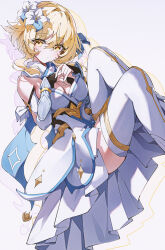 Rule 34 | 1girl, absurdres, blonde hair, breasts, closed mouth, detached sleeves, dress, feet out of frame, floating, flower, genshin impact, hair flower, hair ornament, highres, indol, looking at viewer, lumine (genshin impact), medium breasts, scarf, short hair with long locks, sleeveless, sleeveless dress, solo, thighhighs, vambraces, white dress, white flower, white scarf, white thighhighs, yellow eyes