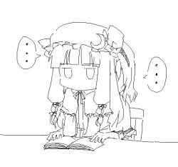 Rule 34 | 2girls, alice margatroid, book, female focus, greyscale, hat, lysander z, monochrome, multiple girls, patchouli knowledge, touhou, upper body, white background