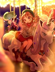 Rule 34 | 1girl, anzu (01010611), blurry, bob cut, boots, brown eyes, brown footwear, brown hair, buttons, cable knit, calyrex, calyrex (shadow rider), cardigan, carousel, collared dress, creatures (company), dress, galarian form, galarian rapidash, game freak, gen 8 pokemon, gloria (pokemon), green headwear, green legwear, grey cardigan, hat, hooded cardigan, legendary pokemon, looking at viewer, nintendo, open mouth, pink dress, plaid, plaid legwear, pokemon, pokemon (creature), pokemon swsh, short hair, sitting, sitting sideways, smile, socks, spectrier, tam o&#039; shanter, themed object, tongue