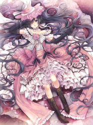 Rule 34 | 1boy, black hair, boots, checkered floor, ciel phantomhive, ciel phantomhive (robin dress), dress, floor, flower, frills, from above, gathers, hagiwara rin, hat, kuroshitsuji, long hair, lying, male focus, md5 mismatch, petals, petticoat, pink flower, pink rose, rose, solo, trap, very long hair