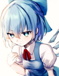 Rule 34 | 1girl, blue bow, blue dress, blue eyes, blue hair, bow, cirno, closed mouth, collared shirt, detached wings, dress, fairy, hair between eyes, hair bow, highres, ice, ice wings, kisamu (ksmz), puffy short sleeves, puffy sleeves, shirt, short hair, short sleeves, simple background, solo, touhou, upper body, white background, white shirt, wings