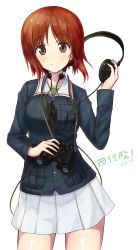 Rule 34 | 10s, 1girl, absurdres, binoculars, blue jacket, brown eyes, brown hair, closed mouth, commentary, core (pusn3354), cowboy shot, girls und panzer, green shirt, headphones, highres, holding, jacket, long sleeves, looking at viewer, military, military uniform, miniskirt, nishizumi miho, ooarai military uniform, pleated skirt, shirt, short hair, simple background, skirt, smile, solo, standing, throat microphone, uniform, white background, white skirt