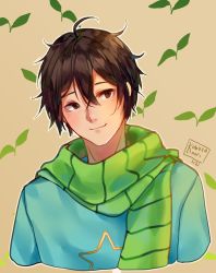 Rule 34 | 1boy, artist name, blue shirt, brown background, brown eyes, brown hair, closed mouth, commentary, cropped torso, dated, english commentary, green scarf, hair between eyes, kobutanori, male focus, offlinetv, scarf, shirt, simple background, smile, solo, star (symbol), sykkuno, upper body