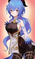 Rule 34 | 1girl, armpits, bare shoulders, bell, black gloves, black legwear, blue hair, blush, bodystocking, bodysuit, breasts, chinese knot, curled horns, detached sleeves, female focus, flower knot, ganyu (genshin impact), genshin impact, gloves, gold trim, hand on own chest, highres, horns, long hair, looking at viewer, low ponytail, medium breasts, moth1, multicolored eyes, neck bell, sideboob, sidelocks, solo, standing, tassel, thighlet, vision (genshin impact), white sleeves