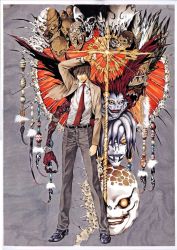 Rule 34 | 00s, 1boy, arm up, belt, bone, brown hair, buckle, death note, full body, jacket, long sleeves, looking at viewer, monster, necktie, obata takeshi, official art, open clothes, open jacket, pants, red necktie, rem (death note), ryuk, sharp teeth, shinigami, shirt, skull, standing, teeth, white shirt, yagami light