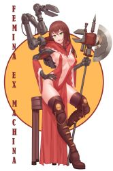 Rule 34 | 1girl, adeptus mechanicus, awan0918, axe, boots, breasts, brown hair, cyborg, detached sleeves, full body, green eyes, highres, long hair, mechanical arms, simple background, smile, thigh boots, thighhighs, warhammer 40k