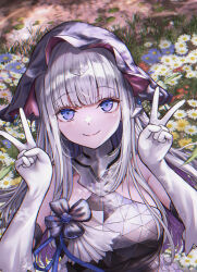 Rule 34 | 1girl, blue eyes, closed mouth, commentary, commentary request, double v, elbow gloves, flower, girls&#039; frontline, gloves, grey hair, highres, long hair, looking at viewer, nyto (girls&#039; frontline), sabakuomoto, sana (boss) (girls&#039; frontline), sana (girls&#039; frontline), smile, solo, straight-on, upper body, v, white gloves