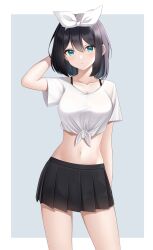 Rule 34 | 1girl, :/, absurdres, arm at side, arm behind head, arm up, black hair, black skirt, border, bow, bow hairband, bra strap, breasts, cleavage, closed mouth, collarbone, commentary request, contrapposto, cowboy shot, double-parted bangs, expressionless, green eyes, grey background, hair between eyes, hairband, highres, light blush, looking at viewer, medium breasts, midriff, navel, original, outside border, pleated skirt, shirt, short hair, short sleeves, skirt, solo, standing, t-shirt, tied shirt, white border, white bow, white hairband, white shirt, zero0ex