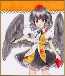 Rule 34 | 1girl, 2zuz4hru, :&gt;, belt, bird wings, black belt, black hair, black ribbon, black skirt, black wings, breasts, buttons, closed mouth, collared shirt, commentary request, cowboy shot, feathered wings, frilled skirt, frills, hat, highres, holding, holding notebook, holding pen, leaf print, looking at viewer, marker (medium), medium hair, neck ribbon, nib pen (object), notebook, pen, pointy ears, puffy short sleeves, puffy sleeves, red eyes, red hat, ribbon, shameimaru aya, shirt, short sleeves, skirt, small breasts, solo, tokin hat, touhou, traditional media, white shirt, wings