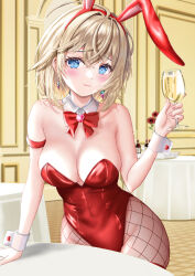 Rule 34 | 1girl, animal ears, blonde hair, blue eyes, bow, bowtie, breasts, cleavage, commentary request, cup, detached collar, drinking glass, erin (sherryseraph), fishnet pantyhose, fishnets, hair between eyes, highres, leotard, medium breasts, original, pantyhose, playboy bunny, rabbit ears, red bow, red bowtie, red leotard, short hair, strapless, strapless leotard, table, wine glass, wrist cuffs
