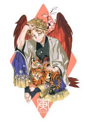 Rule 34 | 1boy, 2022, barefoot, bird boy, blonde hair, body markings, boku no hero academia, branch, burn scar, cherry blossoms, chinese zodiac, earrings, elbow on knee, facial hair, facial scar, falling feathers, falling petals, feathered wings, feathers, folding fan, goatee, hand fan, hawks (boku no hero academia), highres, japanese clothes, jewelry, kimono, knees apart feet together, looking at viewer, male focus, new year, ozke, petals, red feathers, scar, scar on cheek, scar on face, scar on neck, shadow, short hair, simple background, sitting, solo, stirrup legwear, straight-on, stud earrings, tiger, tiger cub, toeless legwear, toned, toned male, twitter username, wings, year of the tiger