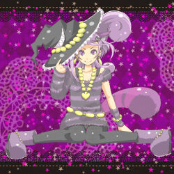 Rule 34 | 1girl, alternate costume, animal ears, ankle boots, asymmetrical clothes, black pantyhose, boots, cure sword, curly hair, dokidoki! precure, earrings, full body, hair ornament, half updo, hat, jewelry, kasetsu, kenzaki makoto, letterboxed, looking at viewer, lots of jewelry, necklace, pantyhose, pendant, pink background, ponytail, precure, purple background, purple eyes, purple hair, short hair, simple background, sitting, smile, solo, tail, wariza, witch hat