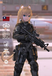 Rule 34 | 1girl, animal ears, assault rifle, blonde hair, blue eyes, blurry, blurry background, bulletproof vest, colt 9mm smg, fang zhenjun, gloves, gun, handgun, headphones, holding, holding gun, holding weapon, holster, holstered, knee pads, looking at viewer, magazine (weapon), medium hair, military, original, republic of china army, republic of china flag, rifle, scope, soldier, solo, tactical clothes, taiwan, thigh holster, thigh strap, weapon