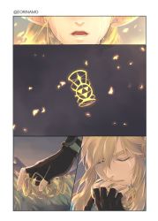 Rule 34 | 1boy, 1girl, 3koma, artist name, black gloves, blonde hair, blue tunic, closed eyes, closed mouth, comic, commentary, crying, earrings, english commentary, eorinamo, facing viewer, fingerless gloves, gloves, gold, highres, jewelry, link, long hair, nintendo, open mouth, ornament, outdoors, pointy ears, princess zelda, tears, the legend of zelda, the legend of zelda: breath of the wild, twitter username, wrist cuffs
