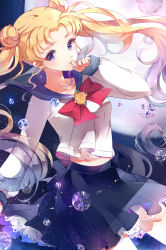 Rule 34 | 10s, 1girl, bishoujo senshi sailor moon, bishoujo senshi sailor moon crystal, blonde hair, blue eyes, blue sailor collar, bow, brooch, crystal, double bun, finger to mouth, full moon, highres, jewelry, lace, moon, red bow, sailor collar, sailor moon, school uniform, skirt, solo, space, sparkle, tsukino usagi, tukino (panna), twintails
