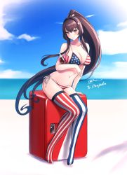 Rule 34 | 1girl, american flag bikini, american flag print, artist name, bare arms, bare shoulders, beach, bikini, blush, bottle, breasts, brown eyes, brown hair, cleavage, closed mouth, cola, collarbone, commission, day, flag print, flower, hair between eyes, hair flower, hair ornament, kantai collection, large breasts, long hair, navel, ocean, odachu, pink flower, pixiv commission, ponytail, print bikini, side-tie bikini bottom, signature, sitting, solo, striped clothes, striped thighhighs, swimsuit, thighhighs, vertical-striped clothes, vertical-striped thighhighs, very long hair, yamato (kancolle)