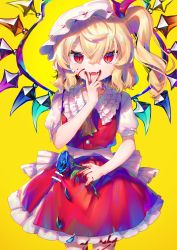 Rule 34 | 1girl, :d, ascot, blonde hair, blood, blue flower, blue rose, bow, cowboy shot, crystal, eyebrows hidden by hair, fangs, flandre scarlet, flat chest, flower, frilled shirt collar, frills, gunjou row, hair between eyes, hair bow, hand up, hat, highres, holding, holding flower, looking at viewer, medium hair, mob cap, one side up, open mouth, petals, puffy short sleeves, puffy sleeves, red bow, red eyes, red skirt, red vest, rose, short sleeves, simple background, skirt, slit pupils, smile, solo, standing, touhou, v over eye, vest, white hat, wings, yellow ascot, yellow background