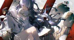 Rule 34 | 1girl, arknights, arm support, arm up, bare legs, bead bracelet, beads, bird, black shorts, blue eyes, blue hair, bracelet, bridge, chinese commentary, commentary request, copyright name, crossed legs, dragon girl, dragon horns, gourd, grey sky, half-closed eyes, highres, horns, jewelry, ling (arknights), long hair, long sleeves, monv ank, mountainous horizon, outdoors, pouring, shirt, shorts, signature, sky, solo, wavy hair, white shirt