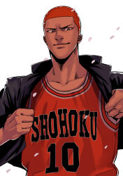 Rule 34 | 1boy, absurdres, basketball jersey, black jacket, bright pupils, brown eyes, closed mouth, collarbone, falling petals, highres, jacket, looking at viewer, male focus, open clothes, open jacket, petals, red hair, sakuragi hanamichi, short hair, slam dunk (series), solo, udaruga, upper body, white background, white pupils