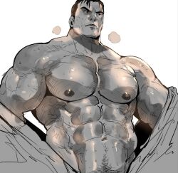 Rule 34 | 1boy, abs, bara, bare pectorals, greyscale, large pectorals, male focus, male pubic hair, monochrome, muscular, muscular male, navel, nipples, original, pectorals, pubic hair, rybiok, short hair, simple background, solo, upper body