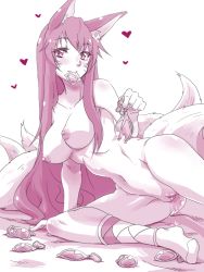 Rule 34 | 1girl, ahri (league of legends), animal ears, arm support, blush, breasts, collarbone, condom, condom in mouth, facial mark, feet out of frame, female focus, fingernails, fox ears, fox tail, groin, heart, large breasts, league of legends, long hair, looking at viewer, monochrome, mori shin risuku, mouth hold, multiple tails, naughty face, navel, nipples, no shoes, nude, pussy, pussy juice, simple background, sitting, socks, solo, spread legs, tail, uncensored, used condom, very long hair, whisker markings, white background