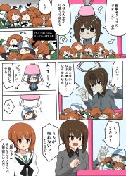 Rule 34 | 2girls, absurdres, anger vein, arrow (symbol), asyura kumo, beamed eighth notes, blue headwear, brown eyes, brown hair, character doll, commentary, crane game, eighth note, frown, girls und panzer, highres, kuromorimine school uniform, looking at another, mika (girls und panzer), motion lines, multiple girls, musical note, nishizumi maho, nishizumi miho, ooarai school uniform, open mouth, quarter note, school uniform, short hair, siblings, sisters, smile, translated, tulip hat