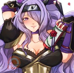 Rule 34 | 1girl, blush, breasts, camilla (fire emblem), cleavage, fire emblem, fire emblem fates, fire emblem heroes, hair over one eye, large breasts, lips, long hair, looking at viewer, ninja, nintendo, official alternate costume, open mouth, purple eyes, purple hair, scroll, seductive smile, sierra117renner, smile, solo, very long hair, wavy hair