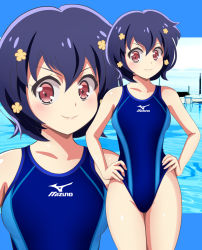 Rule 34 | 1girl, black hair, blue one-piece swimsuit, commentary request, competition swimsuit, cowboy shot, hair ornament, hands on own hips, looking at viewer, mizuno ai, multiple views, name connection, one-piece swimsuit, pirochi, red eyes, short hair, swimsuit, water, zombie land saga, zoom layer