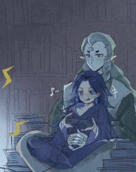 Rule 34 | 2boys, blue hair, blue robe, book, book stack, braid, controller, cysgcysg, diting (the legend of luoxiaohei), eighth note, game controller, green hair, horns, indoors, laojun (the legend of luoxiaohei), long hair, long sleeves, multiple boys, musical note, oversized clothes, pointy ears, robe, single horn, sitting, sitting on lap, sitting on person, luo xiaohei zhanji, tongue, tongue out, twin braids, wide sleeves