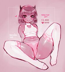 Rule 34 | 1girl, bare shoulders, belly, black horns, blush, breasts, cleavage cutout, clothing cutout, eyelashes, headband, heart, heart in eye, horns, meme, nachikusan, non-web source, panties, pink panties, short hair, sitting, small breasts, smile, strip game, symbol in eye, thighhighs, thighs, twitter, twitter strip game (meme), underwear, undressing, white thighhighs