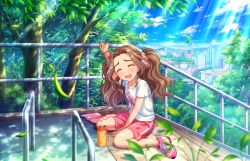Rule 34 | 10s, blush, brown hair, dress, closed eyes, idolmaster, idolmaster cinderella girls, idolmaster cinderella girls starlight stage, kusakabe wakaba, long hair, sky, smile, tree, twintails