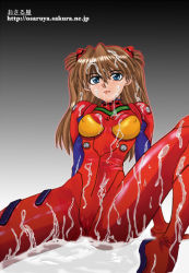 Rule 34 | 1girl, arm support, blue eyes, blush, bodysuit, breasts, brown hair, cameltoe, cleft of venus, covered erect nipples, cum, cum on body, cum on breasts, cum on upper body, facial, looking at viewer, medium breasts, neon genesis evangelion, osaru, plugsuit, shiny clothes, shiny skin, sitting, solo, souryuu asuka langley, spread legs, twintails, two side up