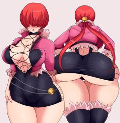 Rule 34 | 1girl, absurdres, ass, blush, breasts, from behind, hair over eyes, highres, huge ass, large breasts, long hair, looking at viewer, low twintails, miniskirt, multiple views, pencil skirt, red hair, sensei sonson, shermie (kof), shiny clothes, shiny skin, skirt, solo, the king of fighters, thick thighs, thighhighs, thighs, twintails, very long hair