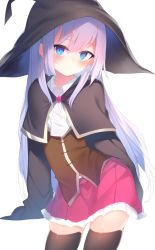 Rule 34 | 1girl, black capelet, black hat, black thighhighs, black vest, blue eyes, blush, capelet, closed mouth, collared shirt, commentary request, commission, cowboy shot, hat, highres, long hair, looking at viewer, original, otokuyou, pink skirt, pleated skirt, purple hair, shirt, sidelocks, simple background, skirt, solo, thighhighs, vest, white background, white shirt, witch hat, zettai ryouiki
