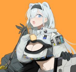 Rule 34 | 1girl, absurdres, animal ears, arknights, aurora (arknights), bag, bear ears, black gloves, black hairband, blue eyes, bread, breasts, cleavage, cleavage cutout, clothing cutout, commentary request, crop top, dkh (dkh49), food, gloves, grey hair, hair intakes, hair over one eye, hairband, hand up, highres, jacket, long hair, long sleeves, looking at viewer, medium breasts, navel, open mouth, orange background, puffy long sleeves, puffy sleeves, simple background, sleeves past wrists, solo, very long hair, white jacket