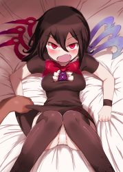 Rule 34 | 1boy, 1girl, absurdres, asymmetrical wings, black dress, black hair, black thighhighs, blue wings, blush, bow, bowtie, buttons, center frills, clothes lift, dress, dress lift, fang, frilled dress, frills, hair between eyes, highres, houjuu nue, lifting another&#039;s clothes, looking at viewer, lying, magenta eyes, on back, on bed, open mouth, panties, pov, red bow, red bowtie, red wings, short dress, short hair, short sleeves, solo focus, sweat, taguchi sp, textless version, thighhighs, touhou, underwear, v-shaped eyebrows, white panties, wings, wristband