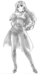 Rule 34 | 1girl, earrings, greyscale, hand on own chest, jewelry, lab coat, long hair, long legs, miniskirt, monochrome, moriguchi nao (naonao), original, pantyhose, simple background, skirt, solo, standing, turtleneck, white background